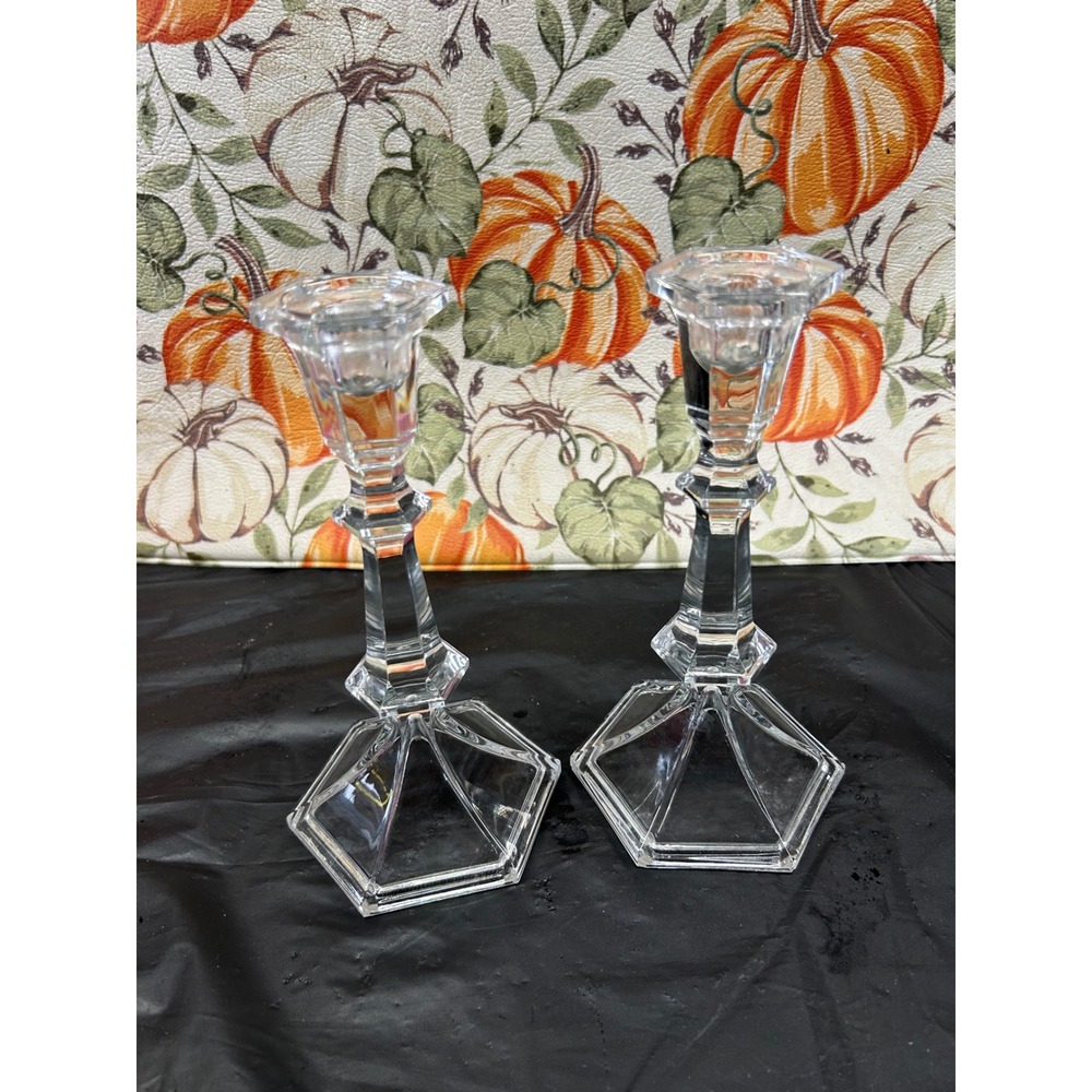 Vintage Clear Pressed Glass Taper Candlestick Holders Hexagonal Base Set of 2